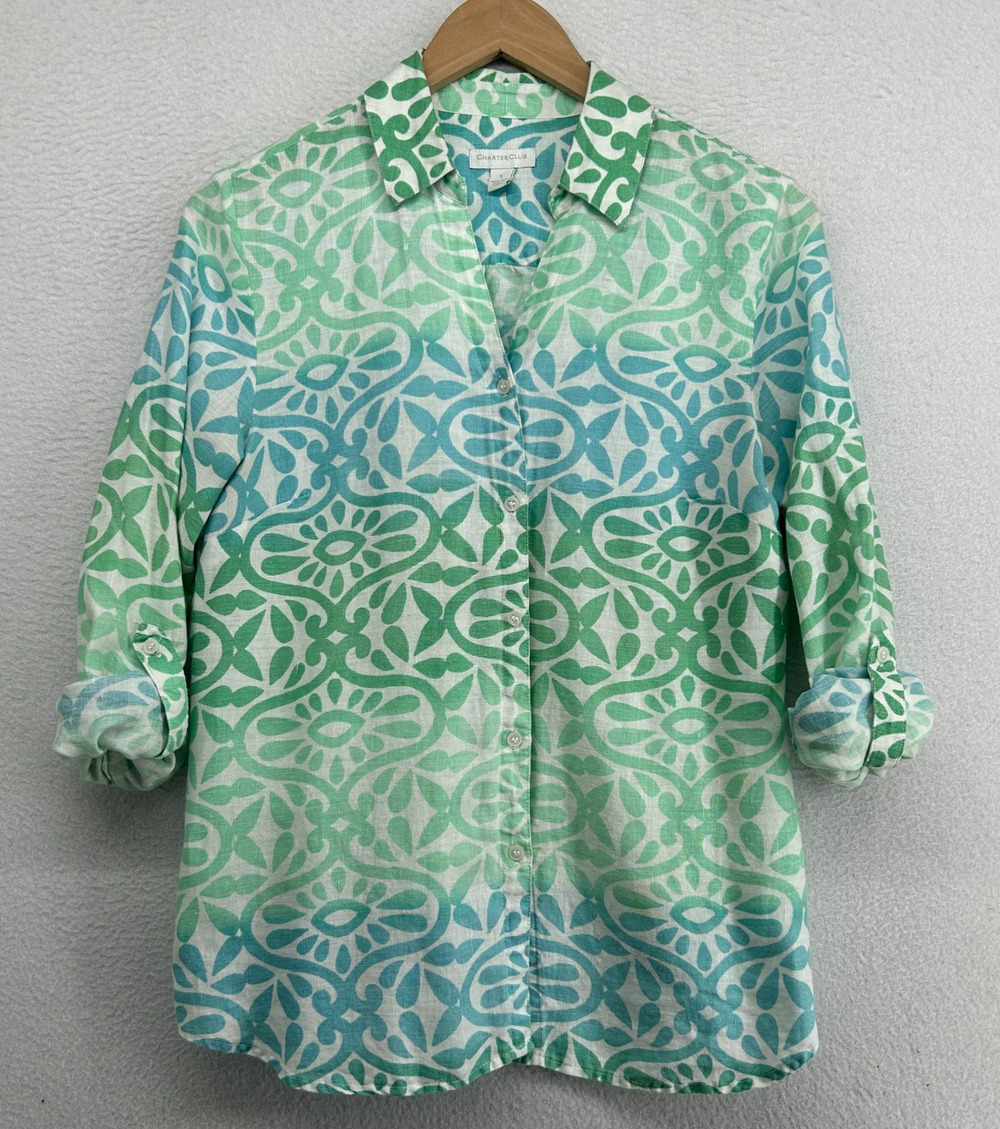 CHARTER CLUB Top S 100% Linen Shirt Block Print Striped Roll Tab Sleeve Green
